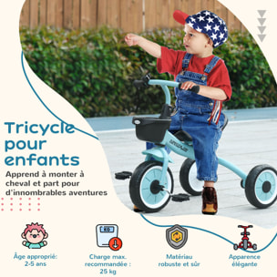 Tricycle enfant multi-équipé garde-boue sonnette panier pédales antidérapantes siège réglable avec dossier métal bleu ciel