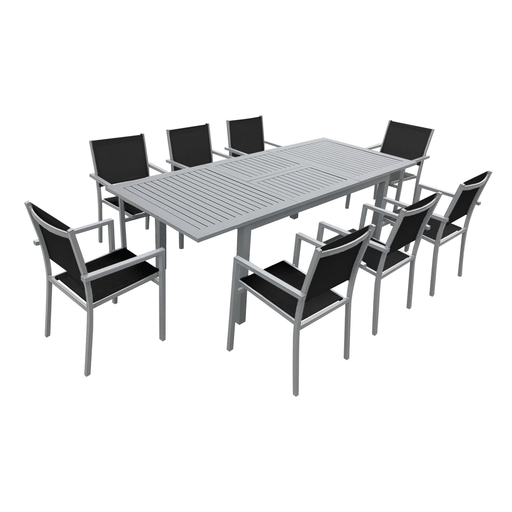 Salon de jardin CAPRI extensible en textilène noir 8 places - aluminium gris