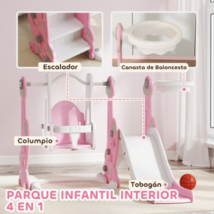 Tobogán Infantil 4 en 1 Parque Infantil con Columpio y Tobogán Escalador Aro de Baloncesto Temática de Cohete para Interior Rosa y Blanco