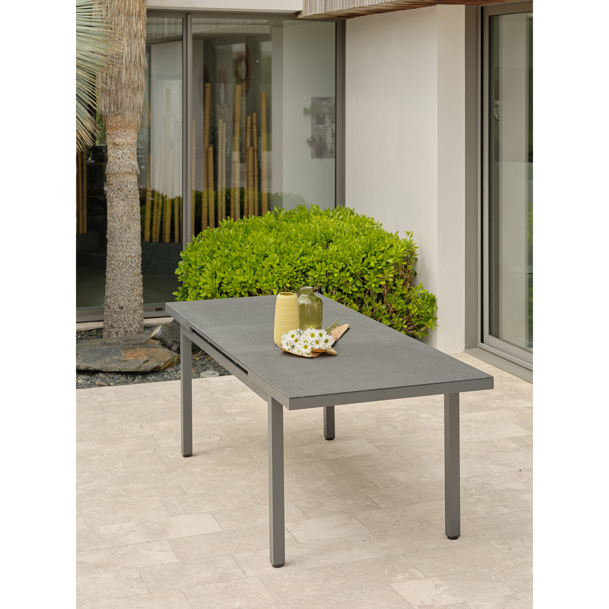 DANIA - Table en alu et spraystone avec rallonge automatique grise anthracite