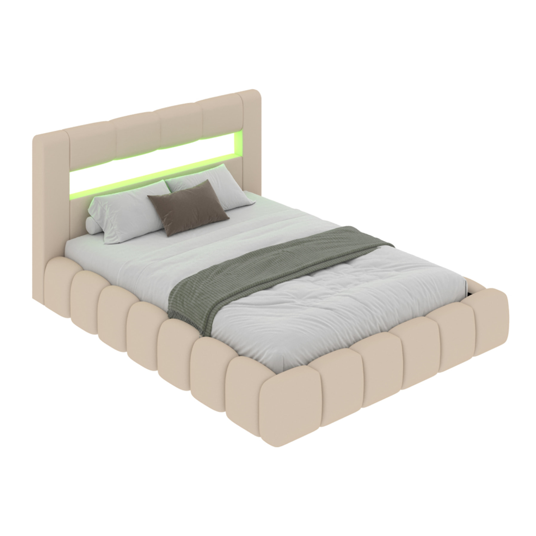 MAKILA Lit nuage coffre LED 160x200cm velours beige avec tête de lit et sommier