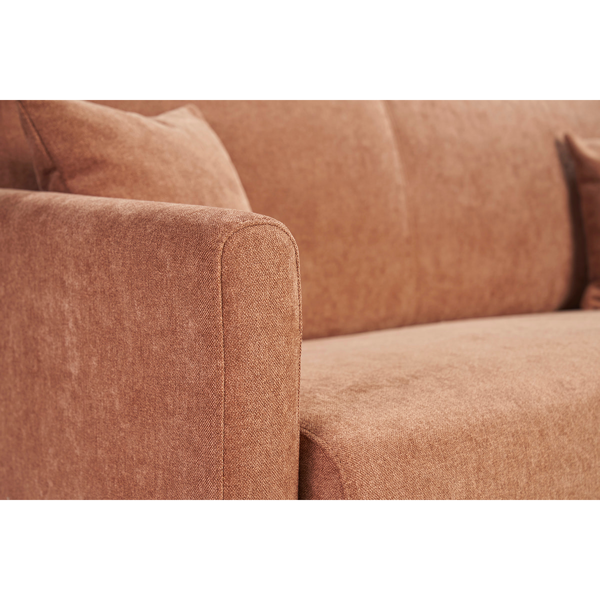 Canapé convertible 2-3 places en tissu effet velours terre brûlée et bois clair avec matelas 13 cm SKANDY