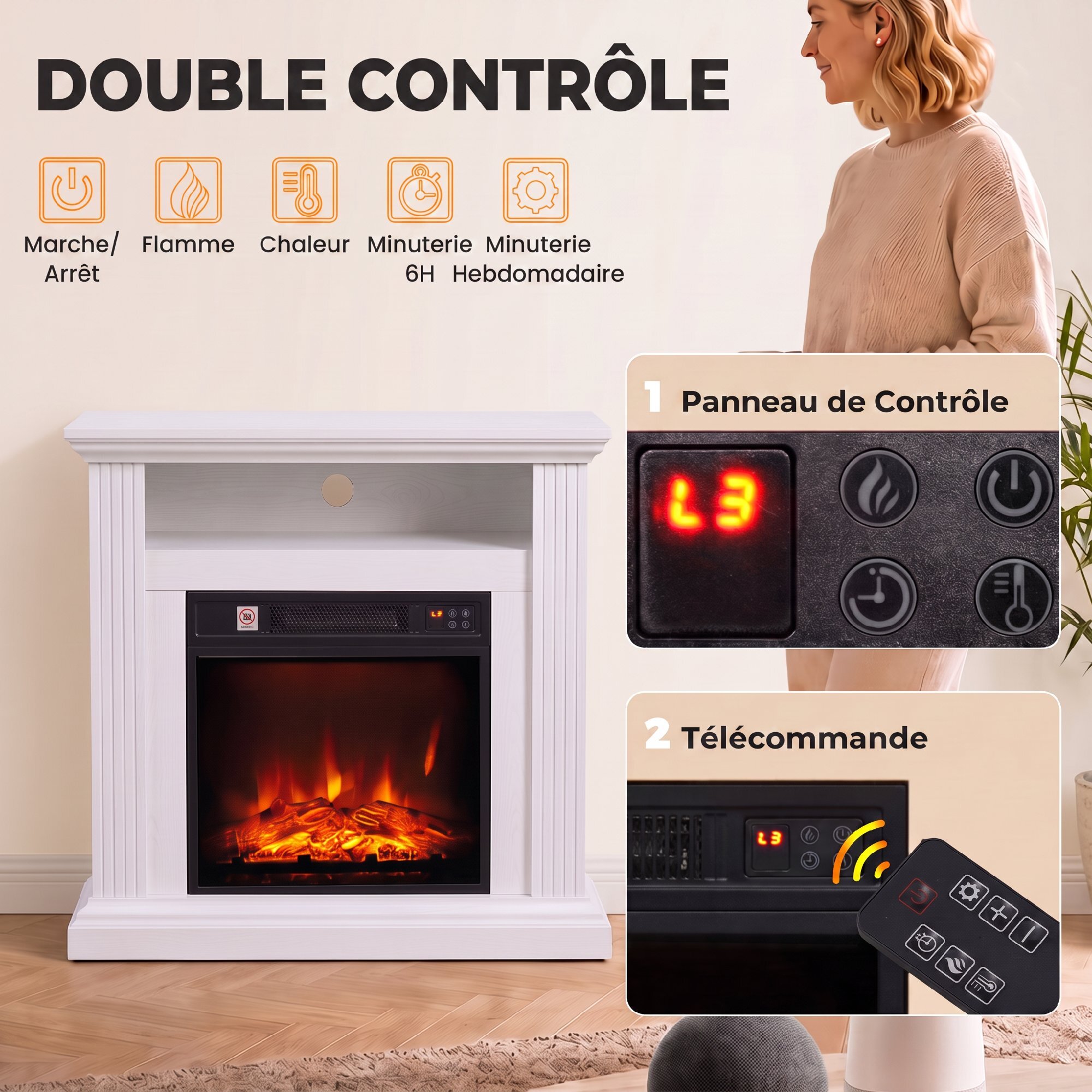 Cheminée électrique style montagnard aspect bois - niche, télécommande, timer - max. 1800W - blanc