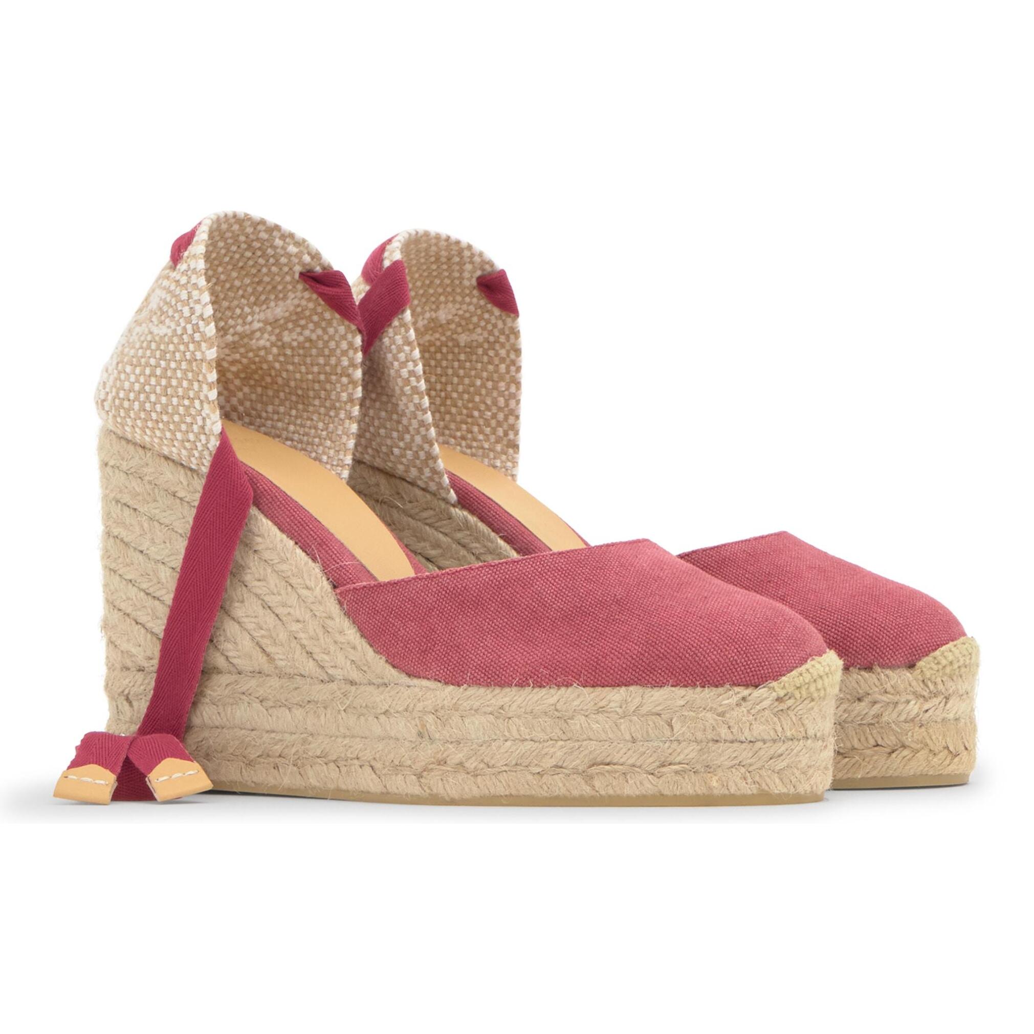 Alpargata de cuña 8 cm en lona de algodón con cintas al tobillo y talonera trenzada