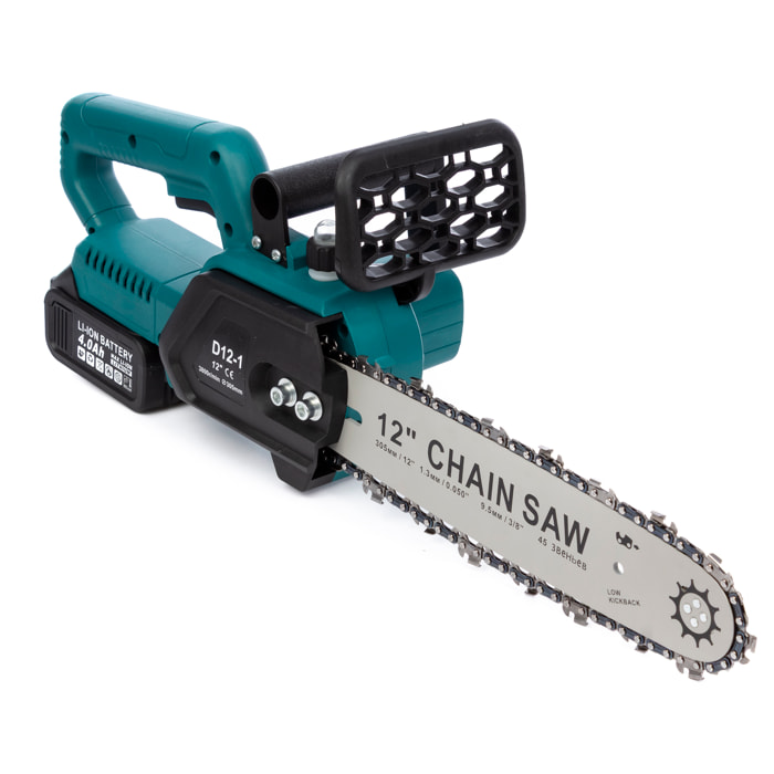 Motosega cordless con lama da 12 pollici, 2 batterie da 15000 mah e valigetta di trasporto.