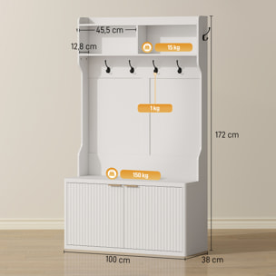 Perchero Zapatero, Perchero Recibidor con 2 Puertas, Estantes Abiertos, 6 Ganchos, para Pasillo, Dormitorio, Salón, Estilo Moderno, 100x38x172 cm, Blanco