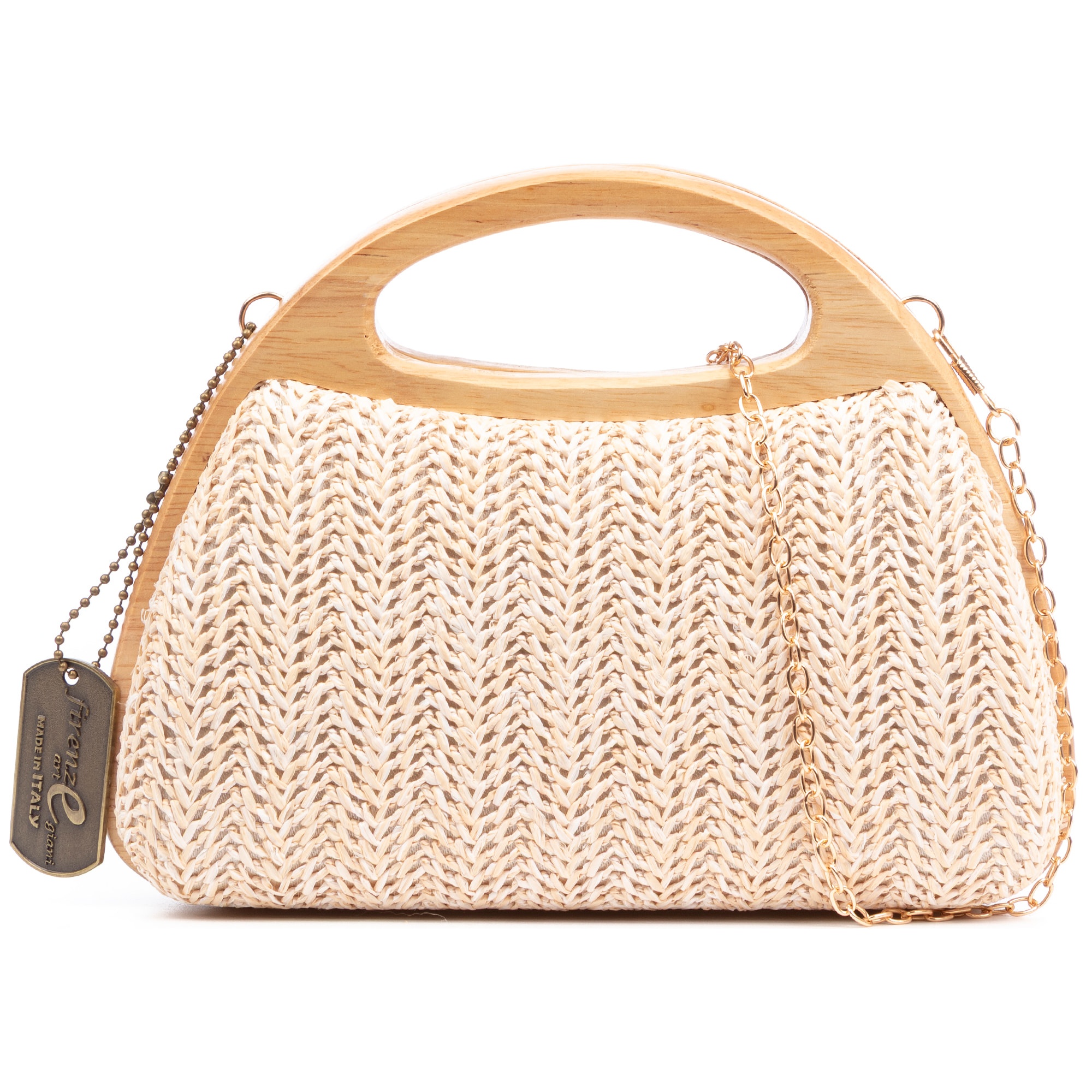 Bella Bolso bandolera Mujer. Fabricado en madera natural y paja trenzada.