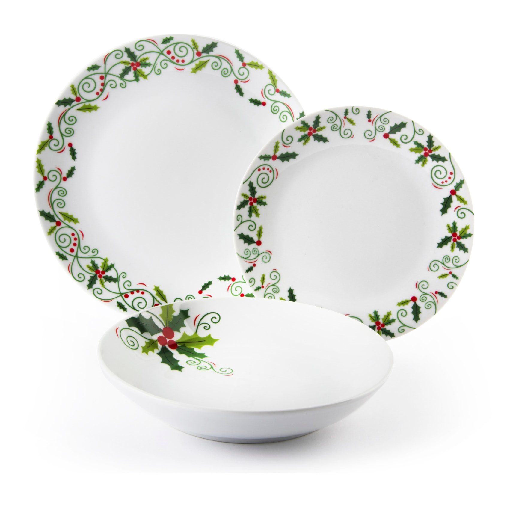 Servizio piatti 18 pezzi Excelsa - Christmas Holly, porcellana bianca