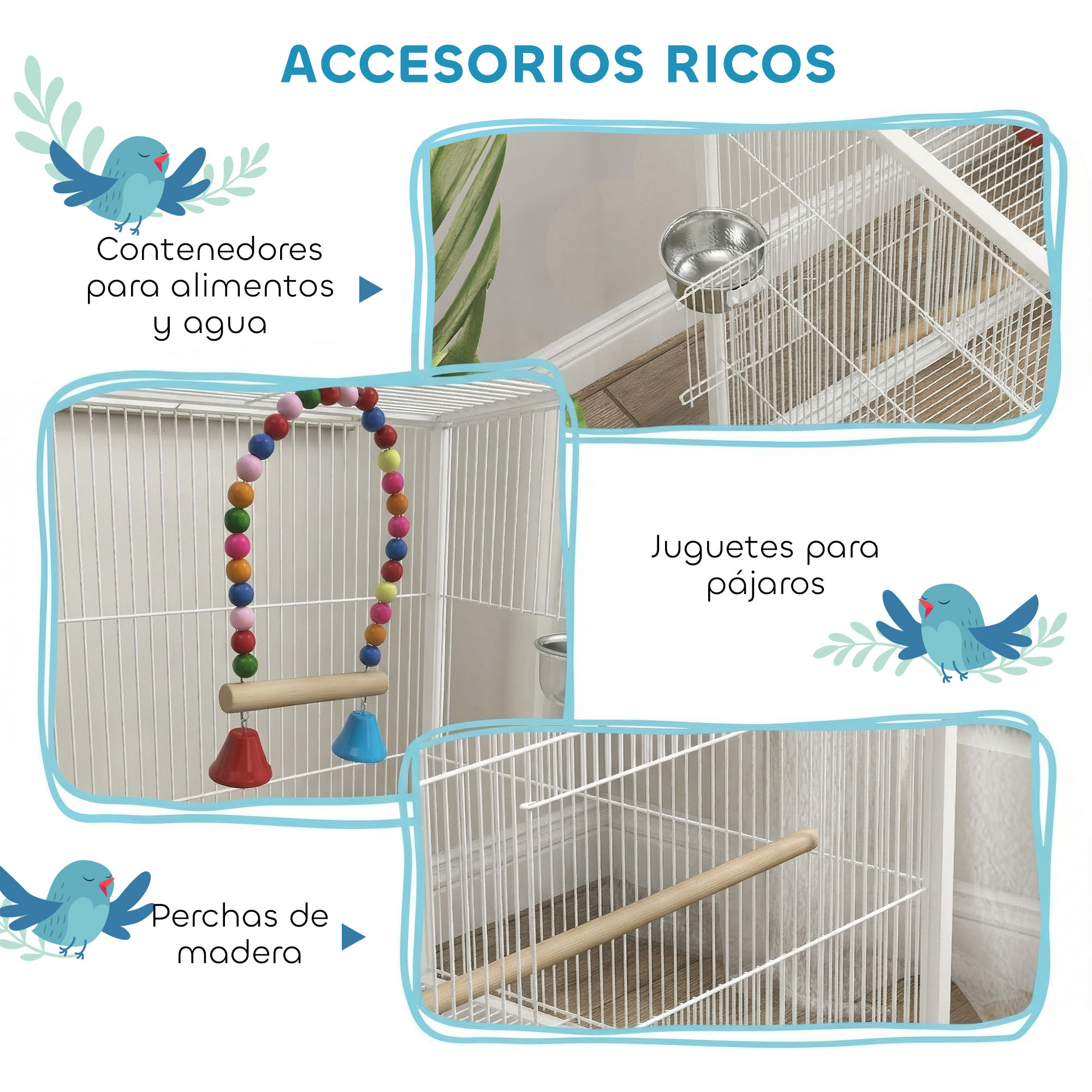 Jaula para Pájaros con Ruedas, Pajarera de Acero con Perchas, Columpio Bandeja Extraíble y Cuencos de Acero Inoxidable, Jaula Grande para Loros, Canario, Periquito, 48x46x78 cm, Blanco