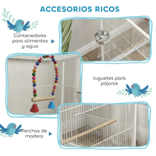 Jaula para Pájaros con Ruedas, Pajarera de Acero con Perchas, Columpio Bandeja Extraíble y Cuencos de Acero Inoxidable, Jaula Grande para Loros, Canario, Periquito, 48x46x78 cm, Blanco