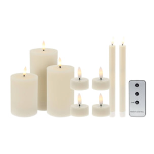 Set de 9 velas led - velas de pilar, velas de cena y candelitas con superficies rústicas y lisas con control remoto
