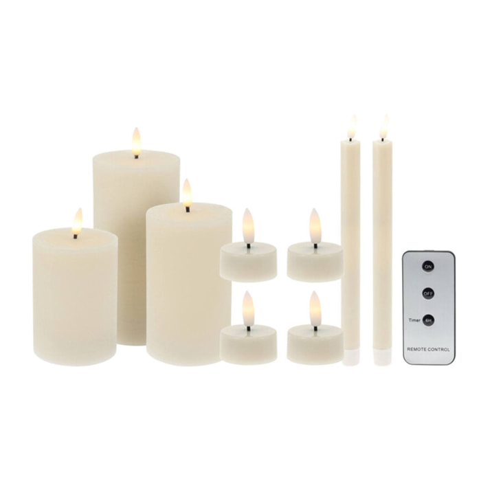 Set de 9 velas led - velas de pilar, velas de cena y candelitas con superficies rústicas y lisas con control remoto