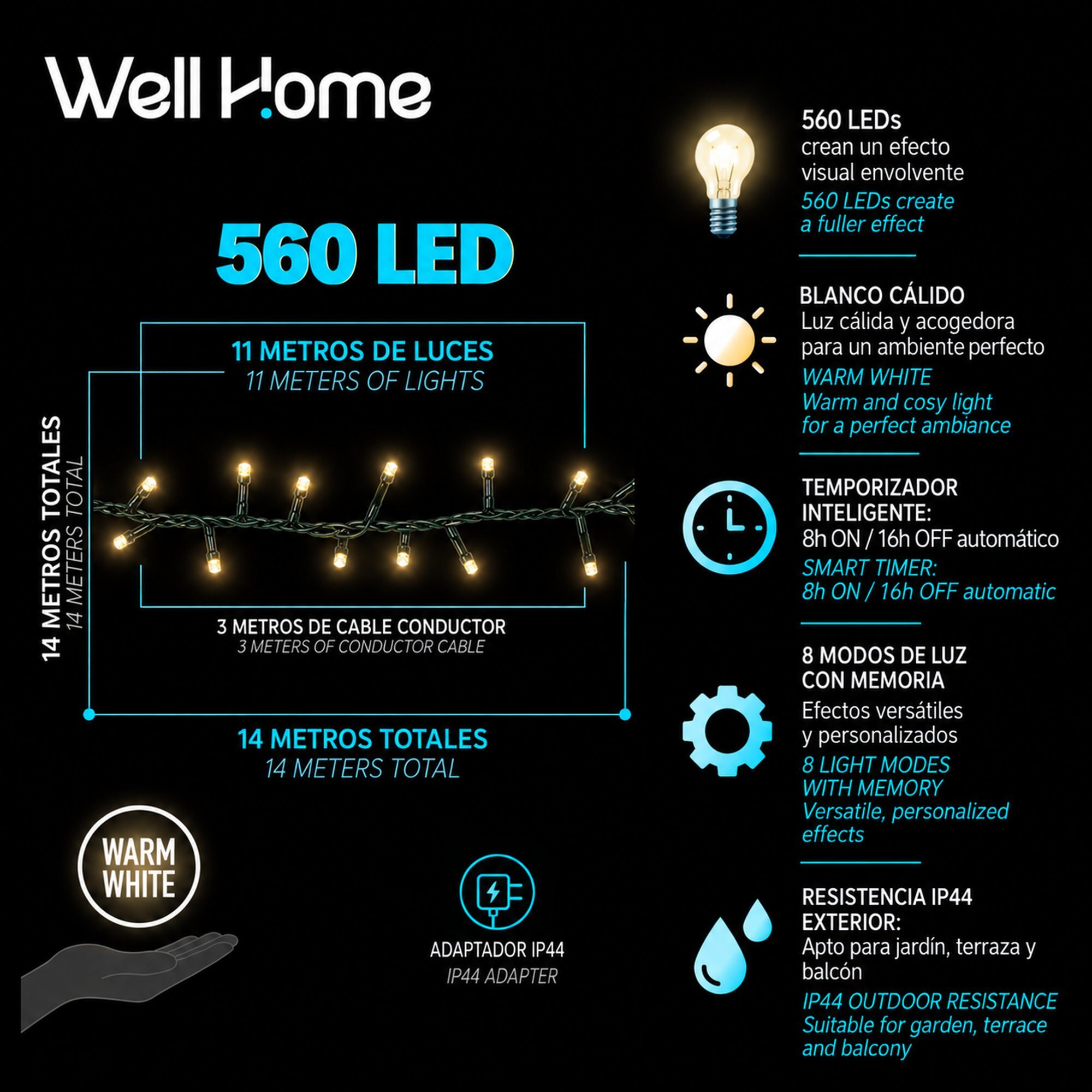 Guirnalda Iluminación navideña con 560 LED Blanco Cálido - 11 metros