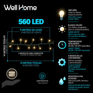 Guirnalda Iluminación navideña con 560 LED Blanco Cálido - 11 metros