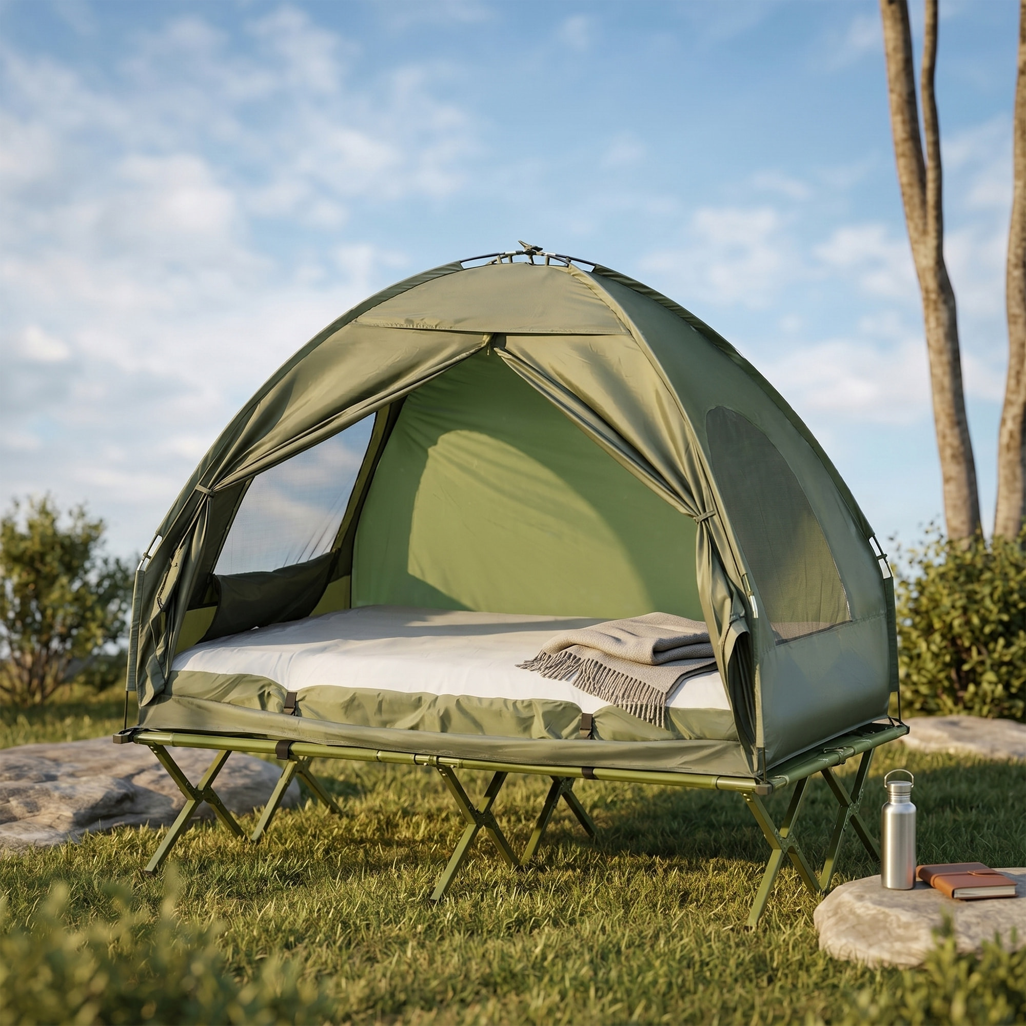 Outsunny Tienda de Campaña con Cama Doble Plegable 4 en 1 Cama de Campamento Elevada con Colchón Hinchable y Bolsa de Transporte de Tela Oxford 600D Acero 193x145x180 cm Verde