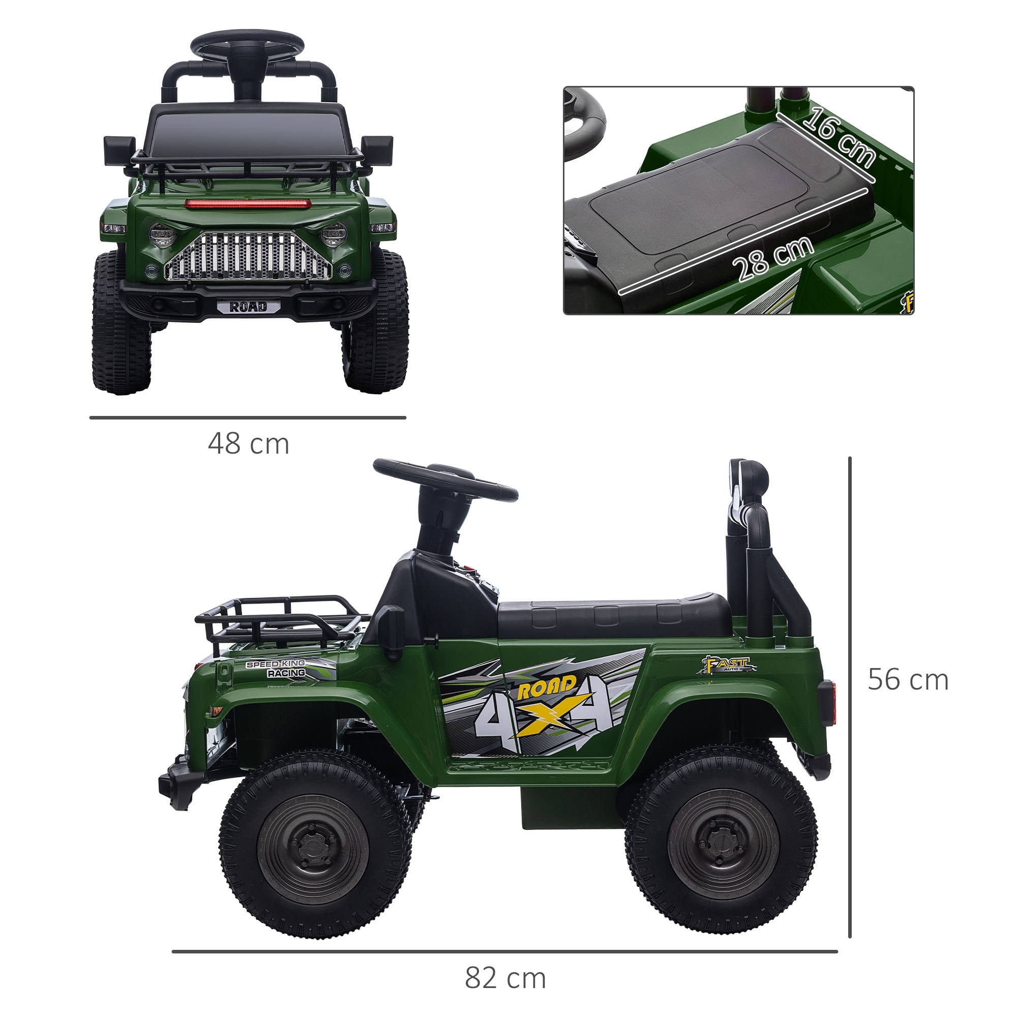 Voiture 4x4 électrique enfant 6V 25W 3 Km/h max. coffre galerie capot fonctions sonores lumineuses vert