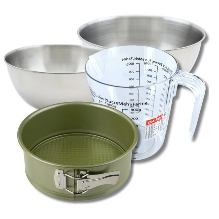 Set pâtisserie avec moule à manqué revêtement cire de carnauba, bols à mixer, verre mesureur et spatule Zenker