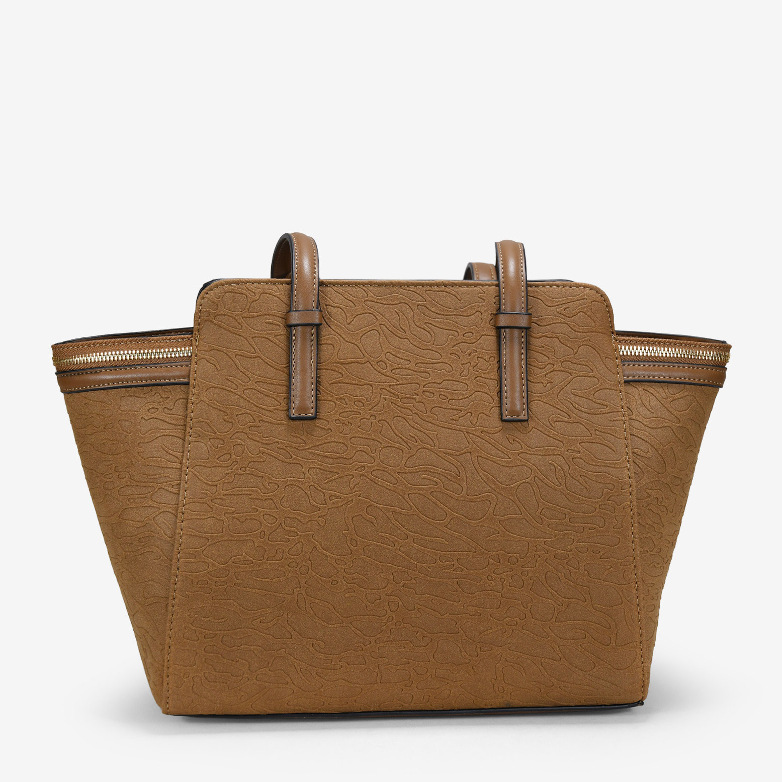 Bolso de hombro marrón con estampado y cremalleras