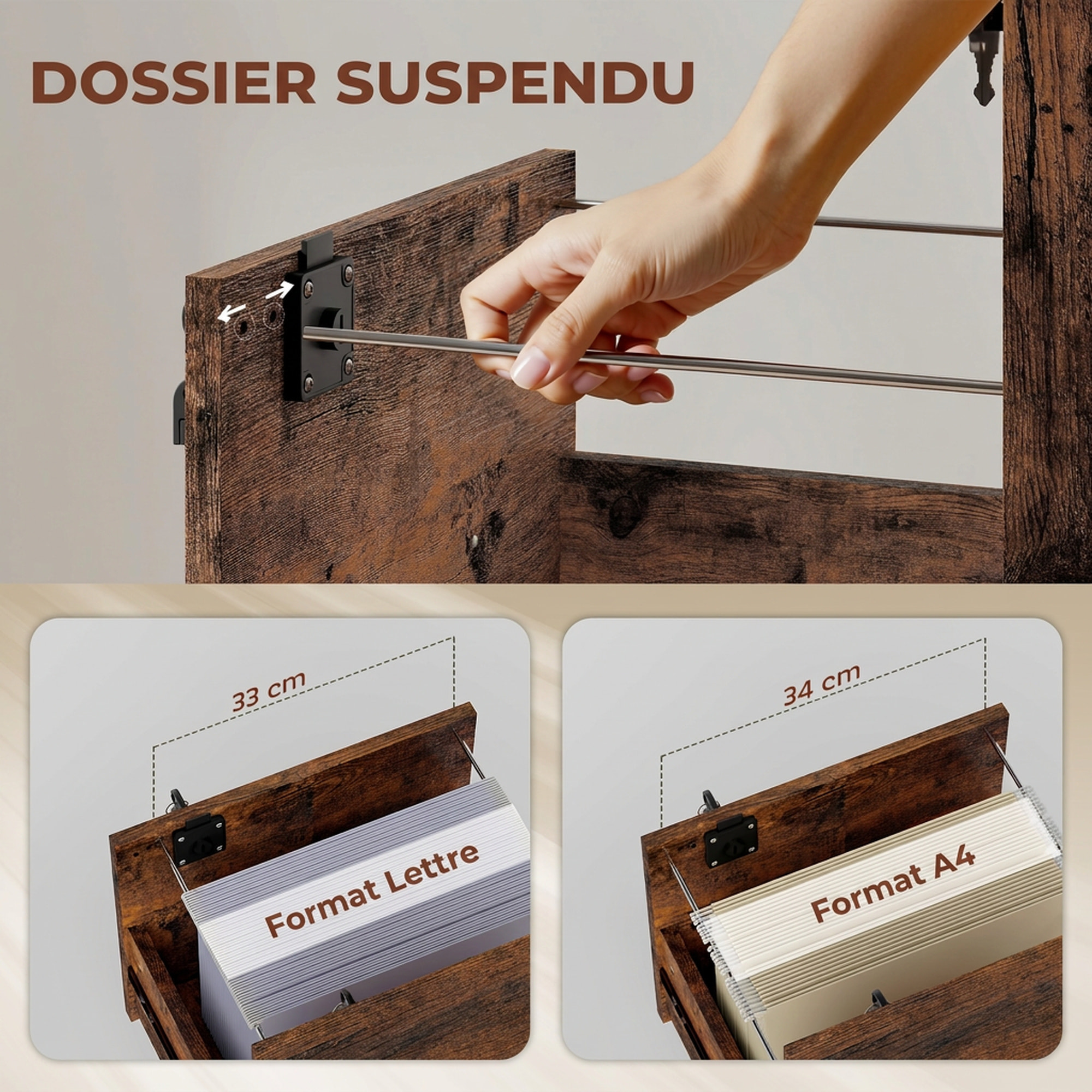 Caisson bureau verrouillable mobile 2 tiroirs coulissants trieur dossiers effet bois