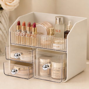 Organizador de maquillaje blanco con soporte para labiales y 2 cajones