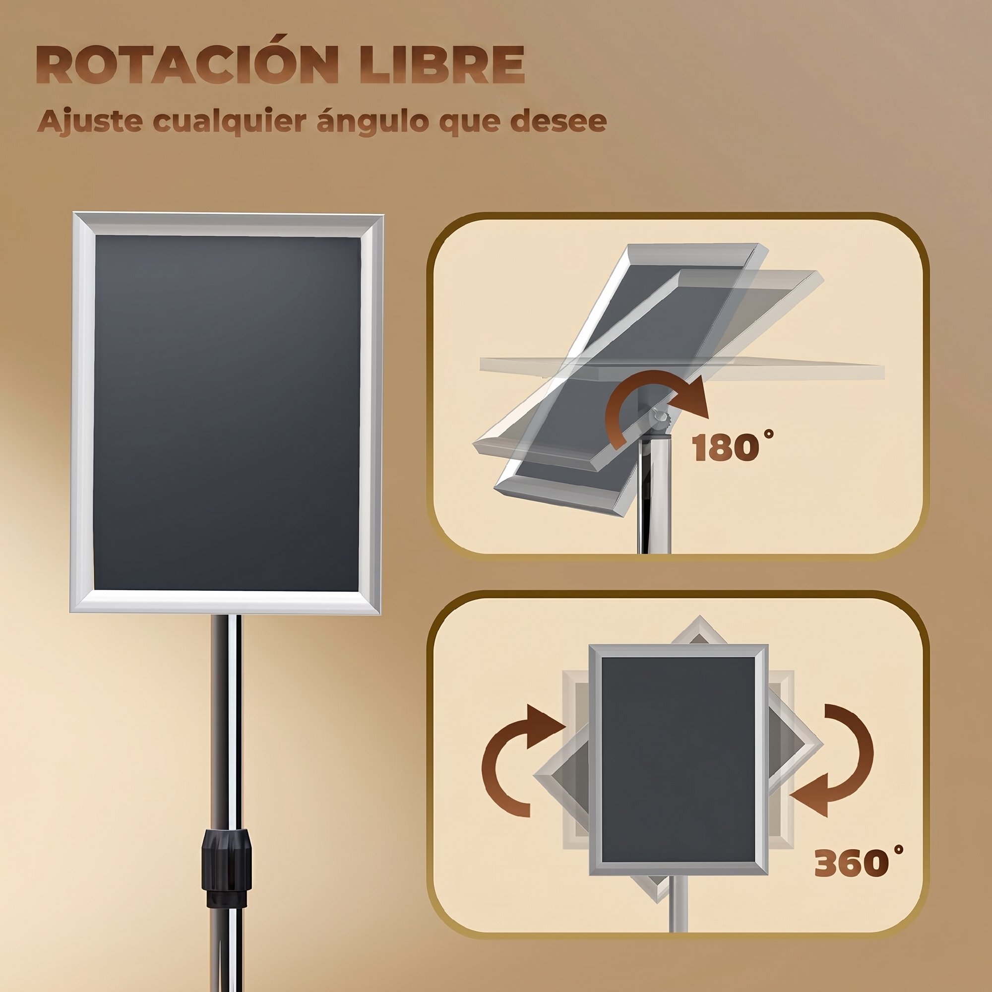Soporte para Carteles A3, Soporte de Pantalla Altura Ajustable, Giratorio 360°, Marco de Aluminio y Acero Inoxidable, para Menú, Cartel Personalizado, Póster y Anuncio, Plata