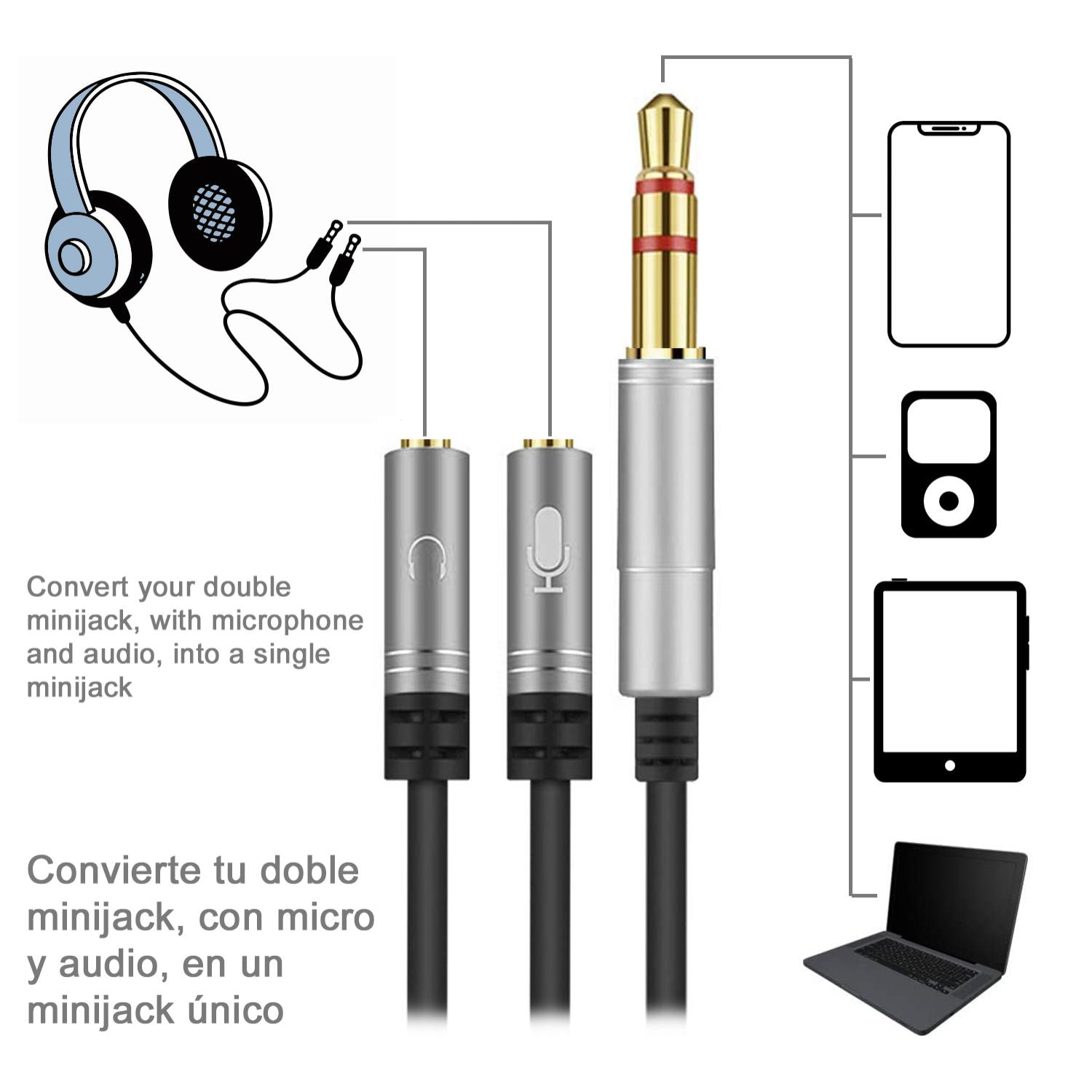 Convertitore splitter da doppio minijack femmina (microfono e altoparlante) a minijack maschio. Usa le cuffie per PC con microfono sul tuo smartphone e tablet.