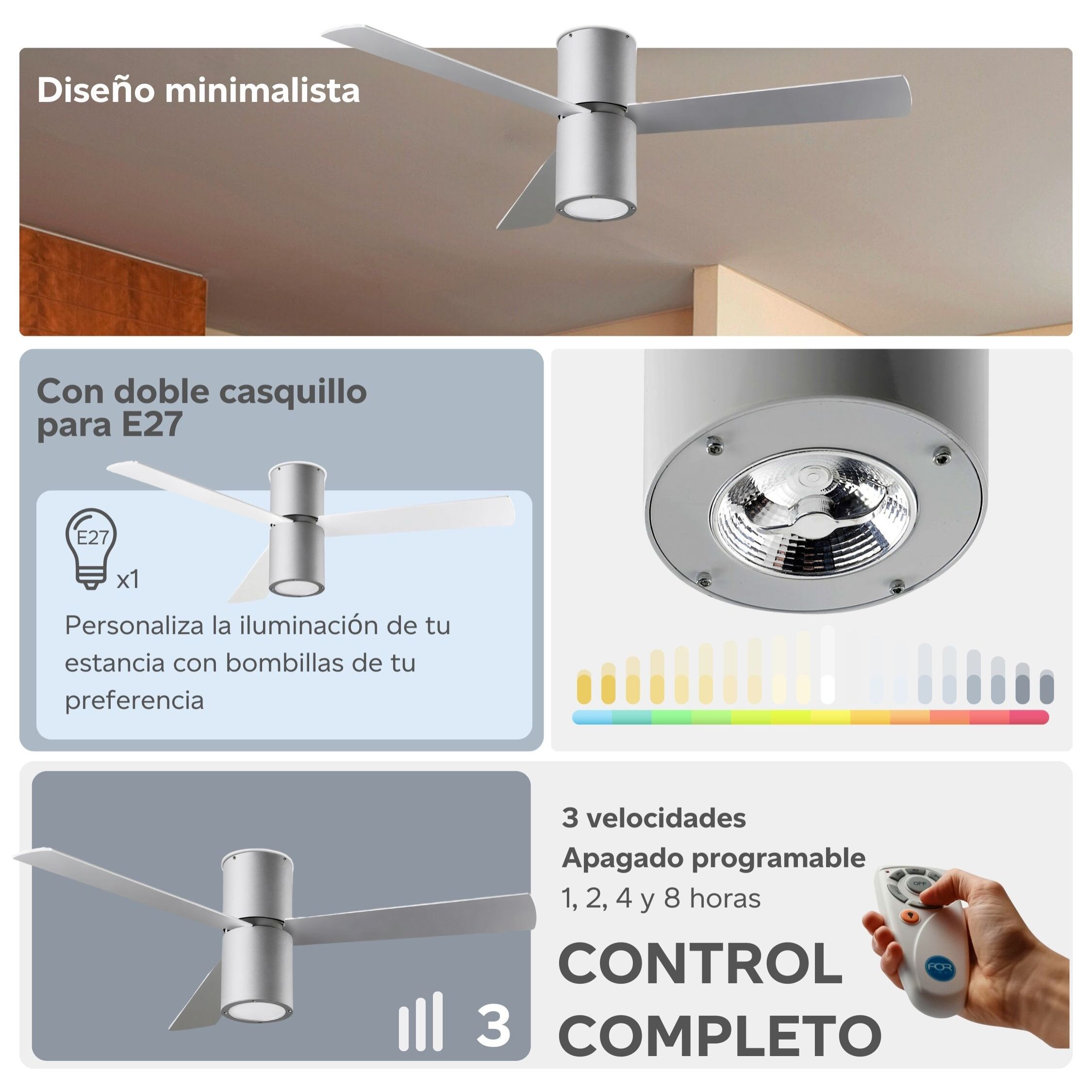 FORLIGHT Ventilador IP20 Formentera E27 23W Gris Blanco