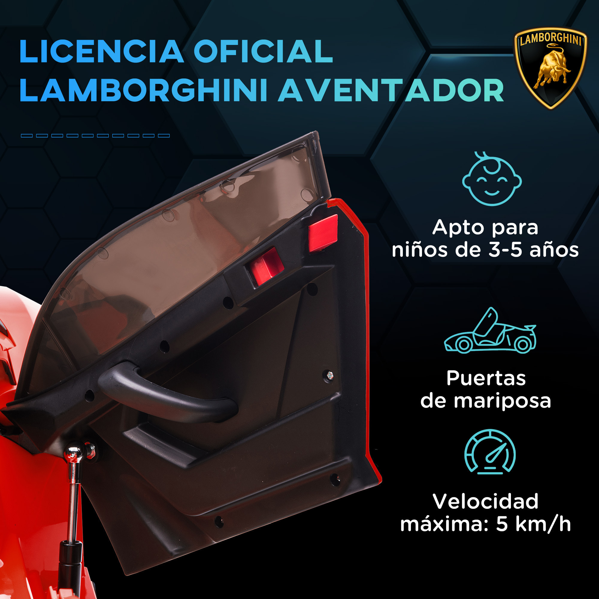 Coche Eléctrico Lamborghini para Niños Coche de Batería 12V Velocidad Max.5 km/h Puerta de Tijera con Control Remoto MP3 Luces y Cinturón de Seguridad Rojo