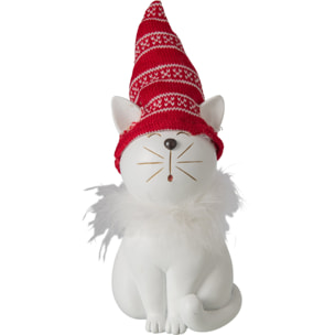 J-Line Chat avec chapeau - polyrésine - blanc/rouge Noël - large