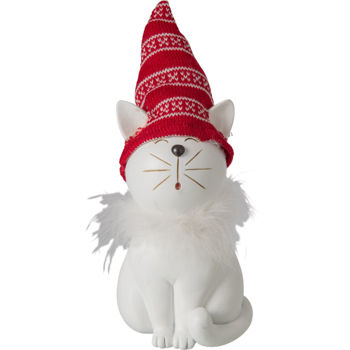 J-Line Chat avec chapeau - polyrésine - blanc/rouge Noël - large