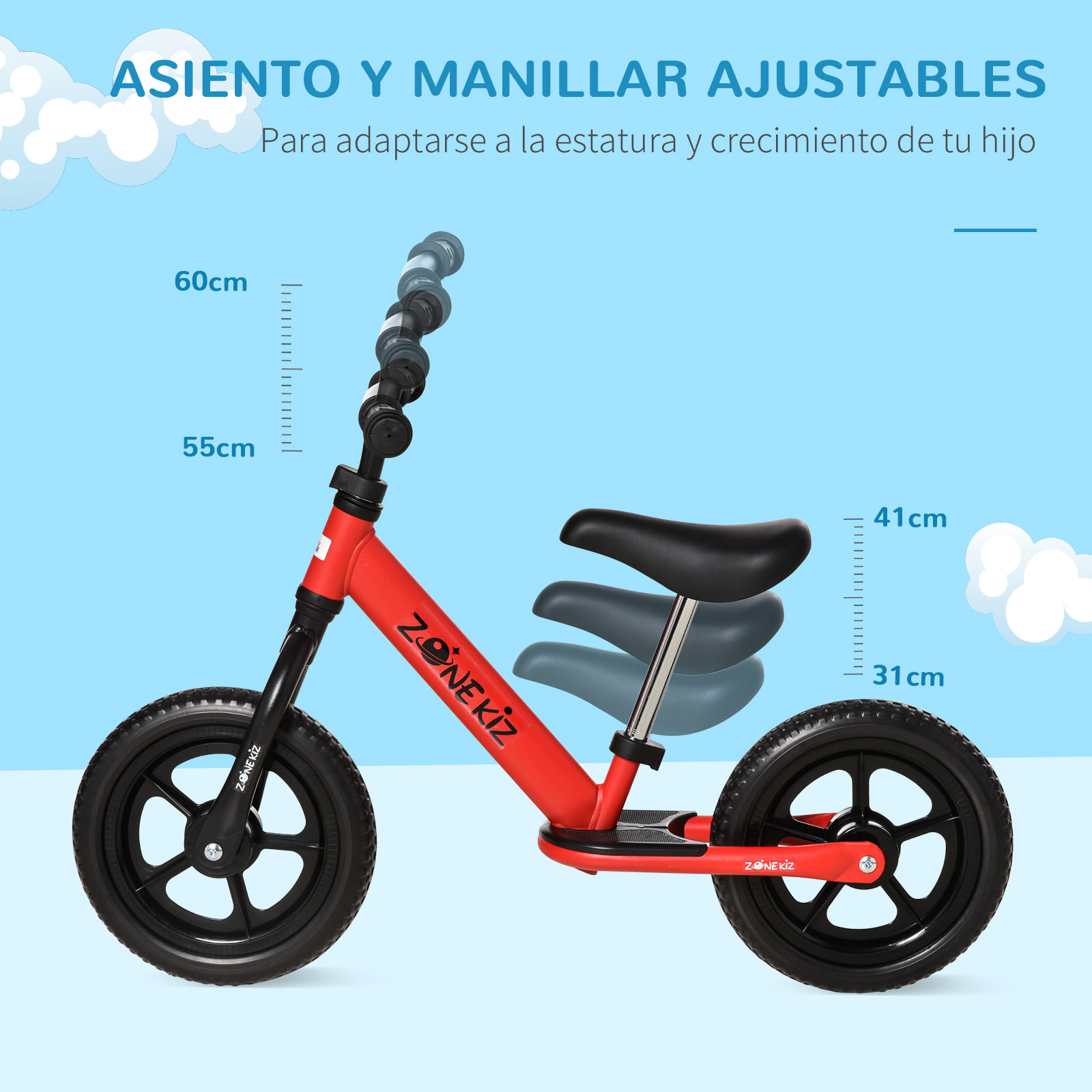 Bicicleta sin Pedales para Niños de +3 Años con Sillín Manillar Ajustables Rojo