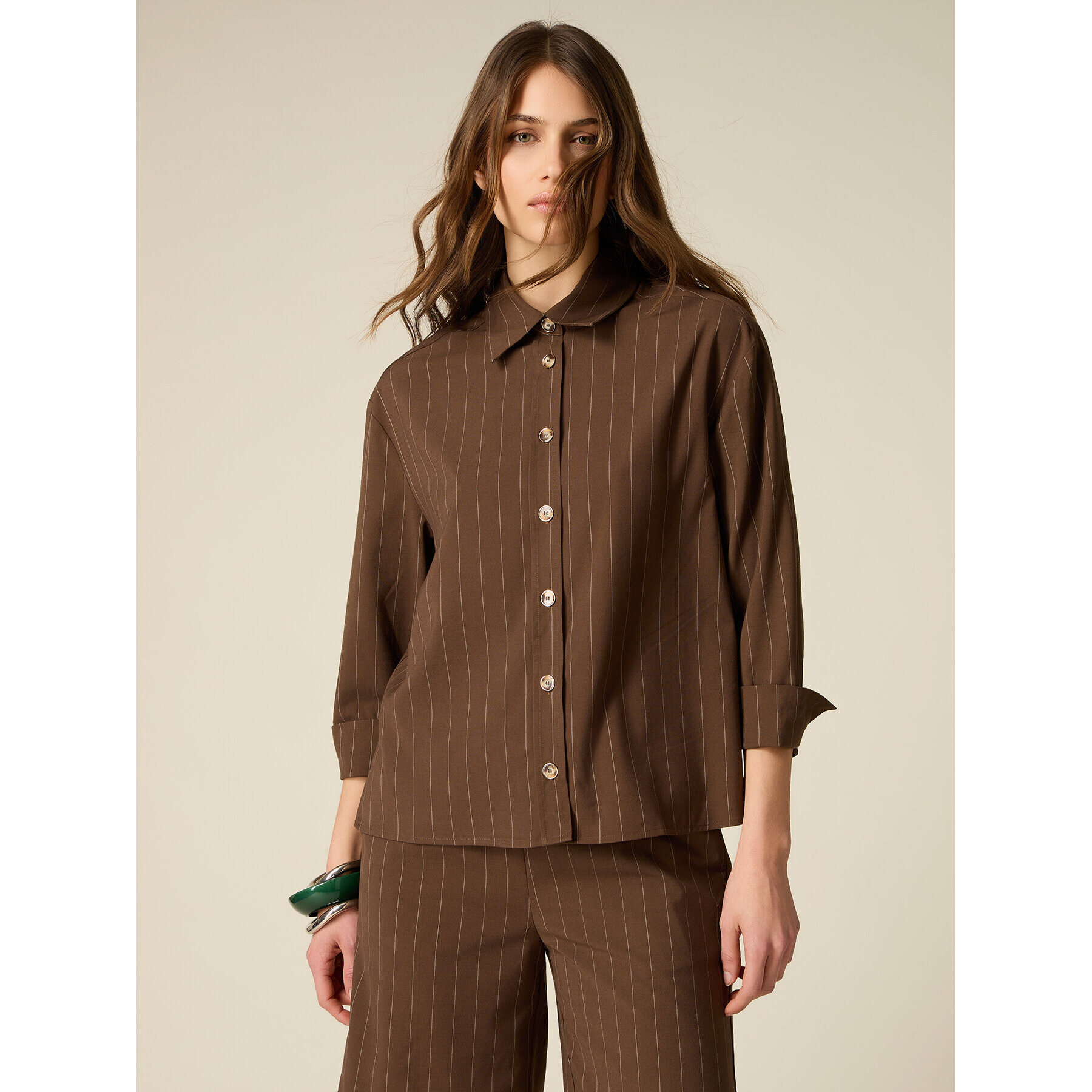 Oltre - Camisa de rayas finas mezcla de lino - Marrón