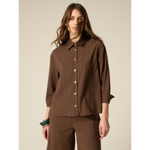 Oltre - Camisa de rayas finas mezcla de lino - Marrón