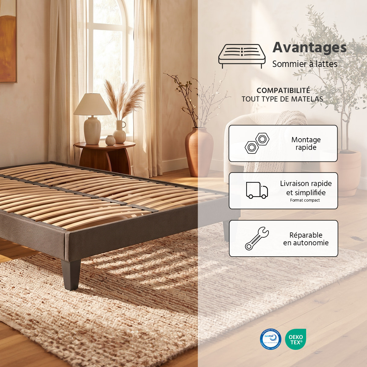 Ensemble Matelas Empereur & Sommier KIT15, 33 cm Mémoire de Forme et Gel Thermorégulateur, technologie Tri-Lattes, Soutien Ferme