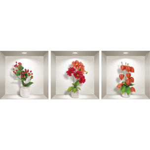 Stickers muraux 3D | Sticker Mural Autocollant effet 3D Dahlia rouge, orange et fleurs de groseilles - Stickers adhésifs 3D Chambre Salon Trompe l'oeil