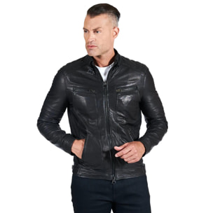 Giacca in pelle raggrinzita nera biker trapuntato sulle spalle