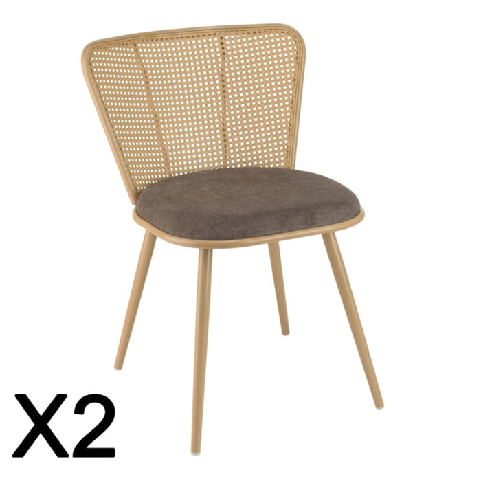 LEA - Lot de 2 chaises assise tissu taupe large dossier effet cannage