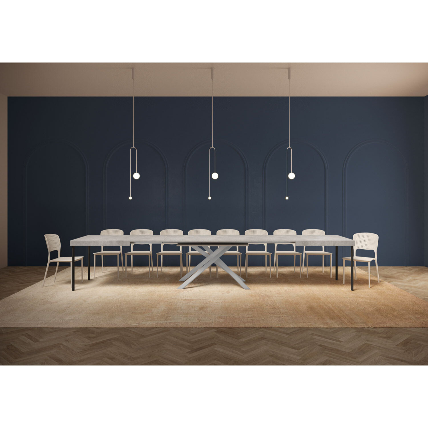 Mesa extensible 90x180/440 cm Karida cemento patas blanca