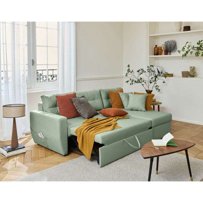 Astoria - canapé d'angle réversible 4 places - convertible avec coffre - en simili - Vert sauge