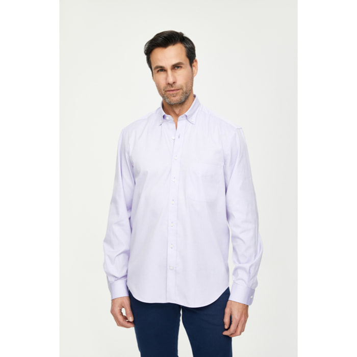 Camicia Uomo 1 Bottone Button Down Con Taschino Super Oxford Unito Lilla