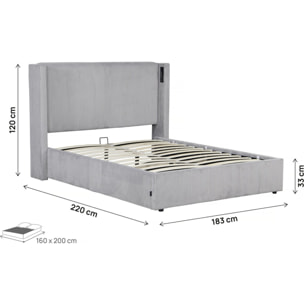 Lit double en velours côtelé avec coffre et lampe intégré "Cortina" - 160 x 200 cm - Gris