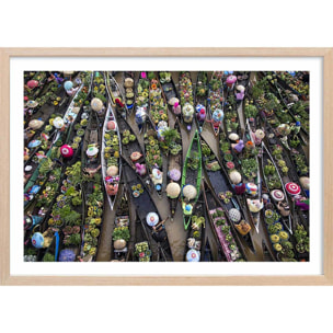 Affiche paysage marché flottant Affiche + cadre en bois - Chêne