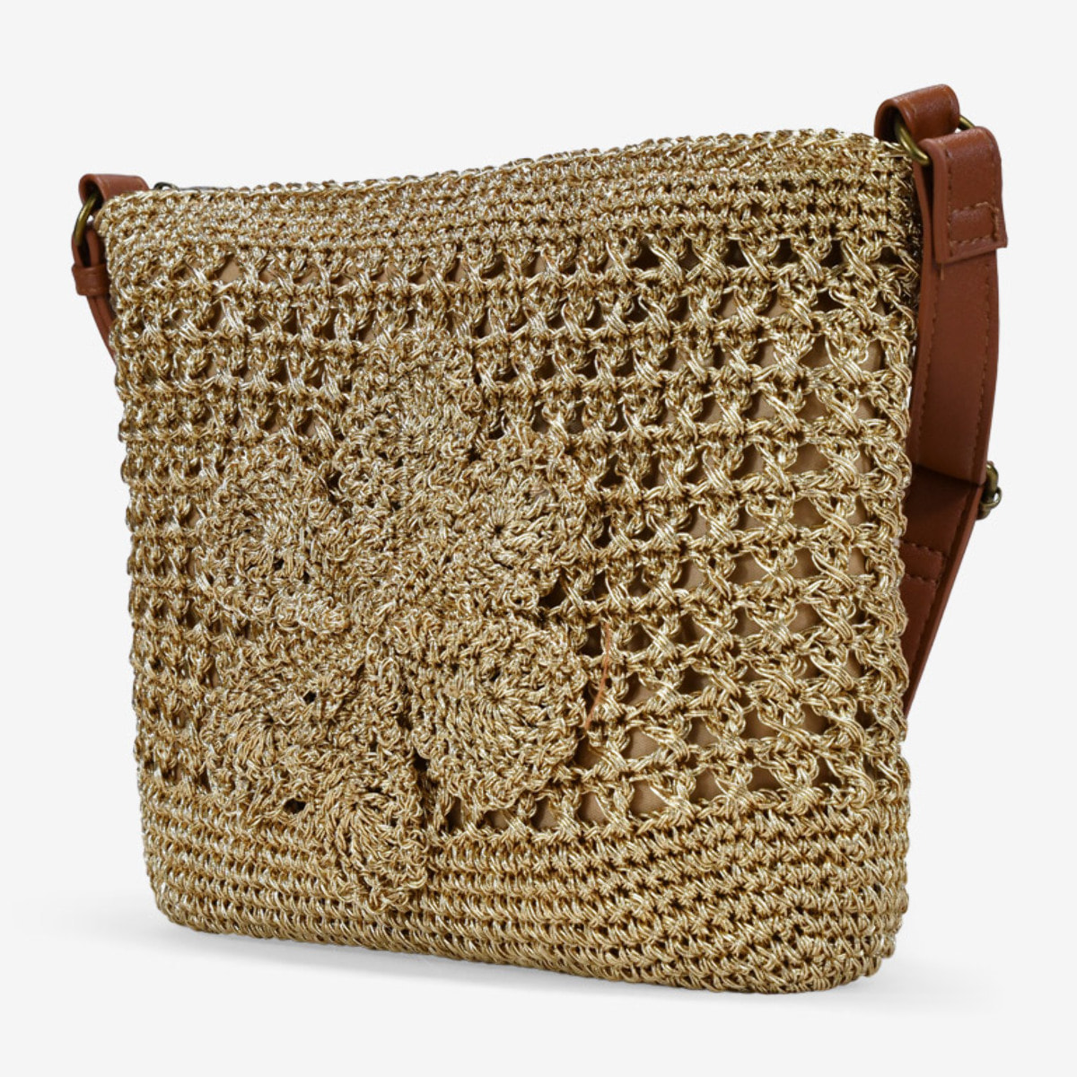 Bolso bandolera dorado en rafia con flor
