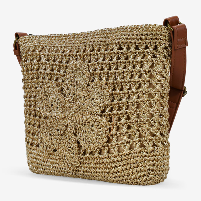Bolso bandolera dorado en rafia con flor
