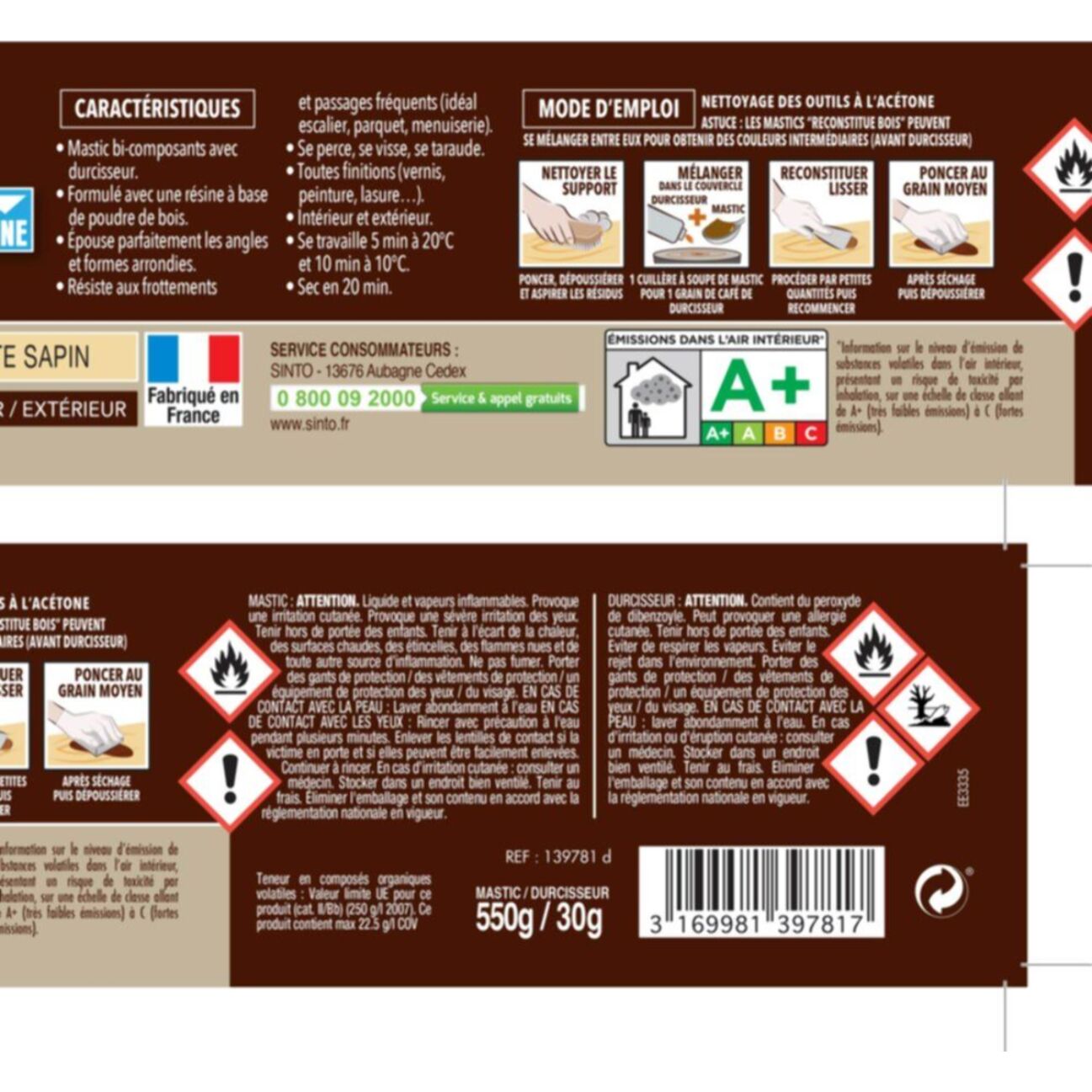 Mastic à bois avec durcisseur angles/gros trous sapin 500ml - SINTO - 139781