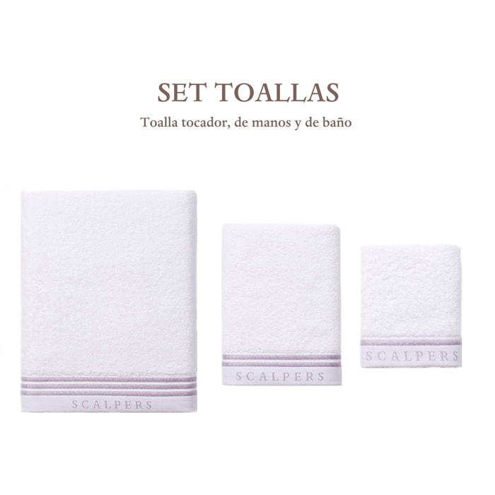 Juego de 3 toallas blancas (tocador 30x50cm, manos 50x100cm y baño 90x150cm) scalpers home