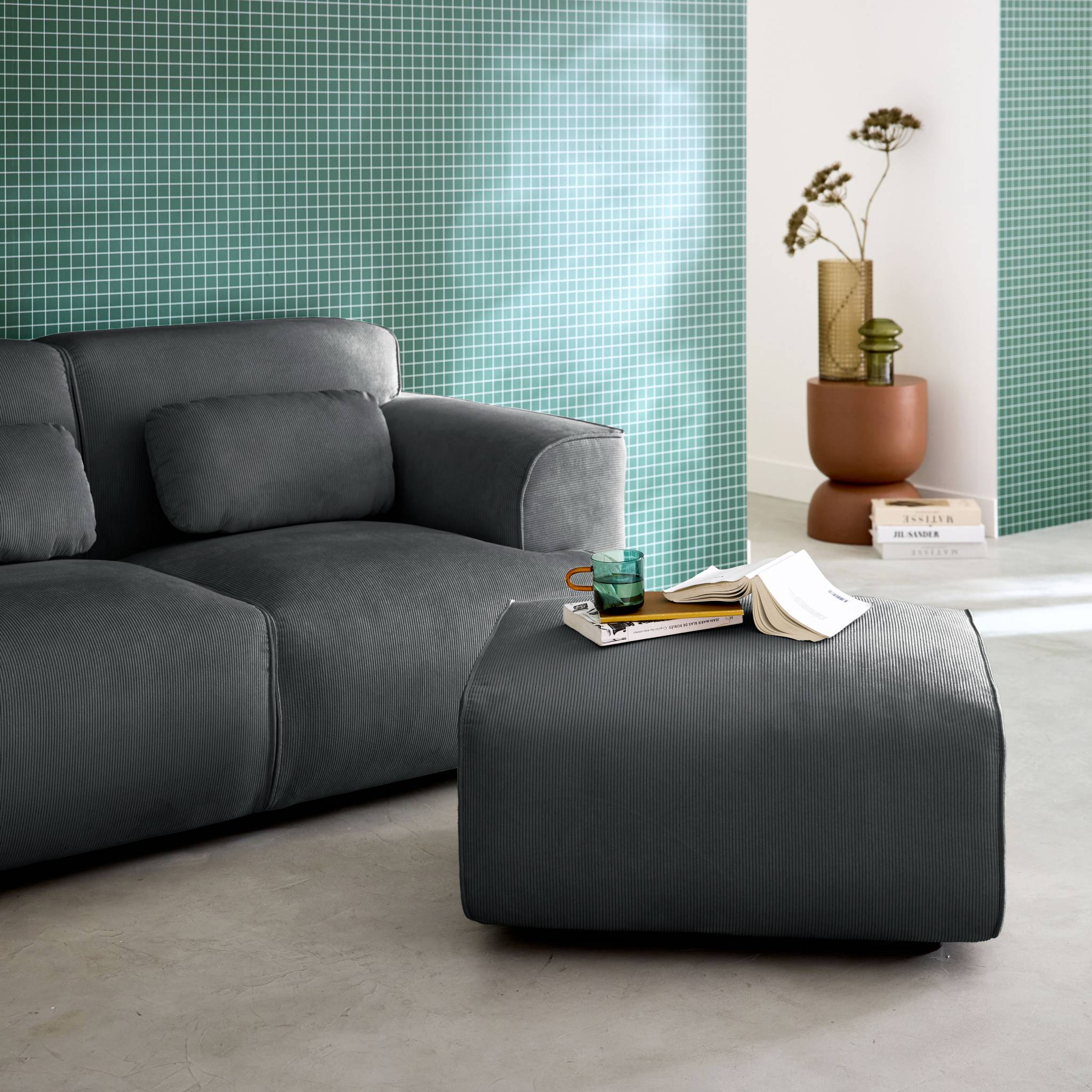 Pouf, repose-pieds pour canapé 2 places velours côtelé WALLAS