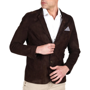 Blazer in pelle scamosciata color marrone con taschino e fazzoletto