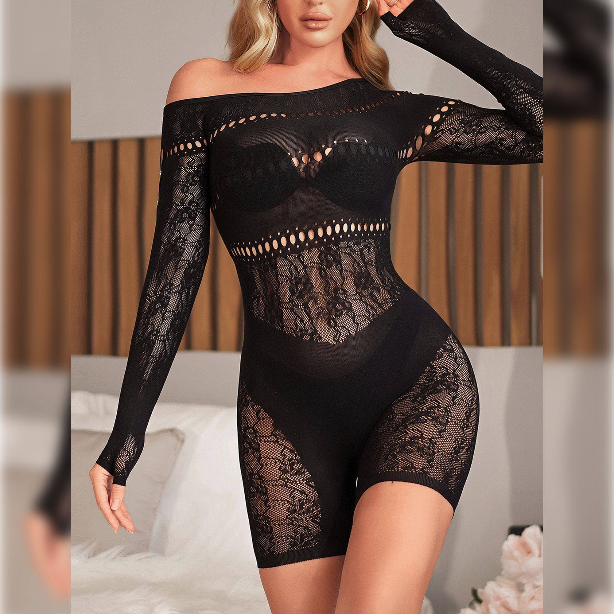 Bodystocking sexy de malla con un hombro y mangas largas en negro