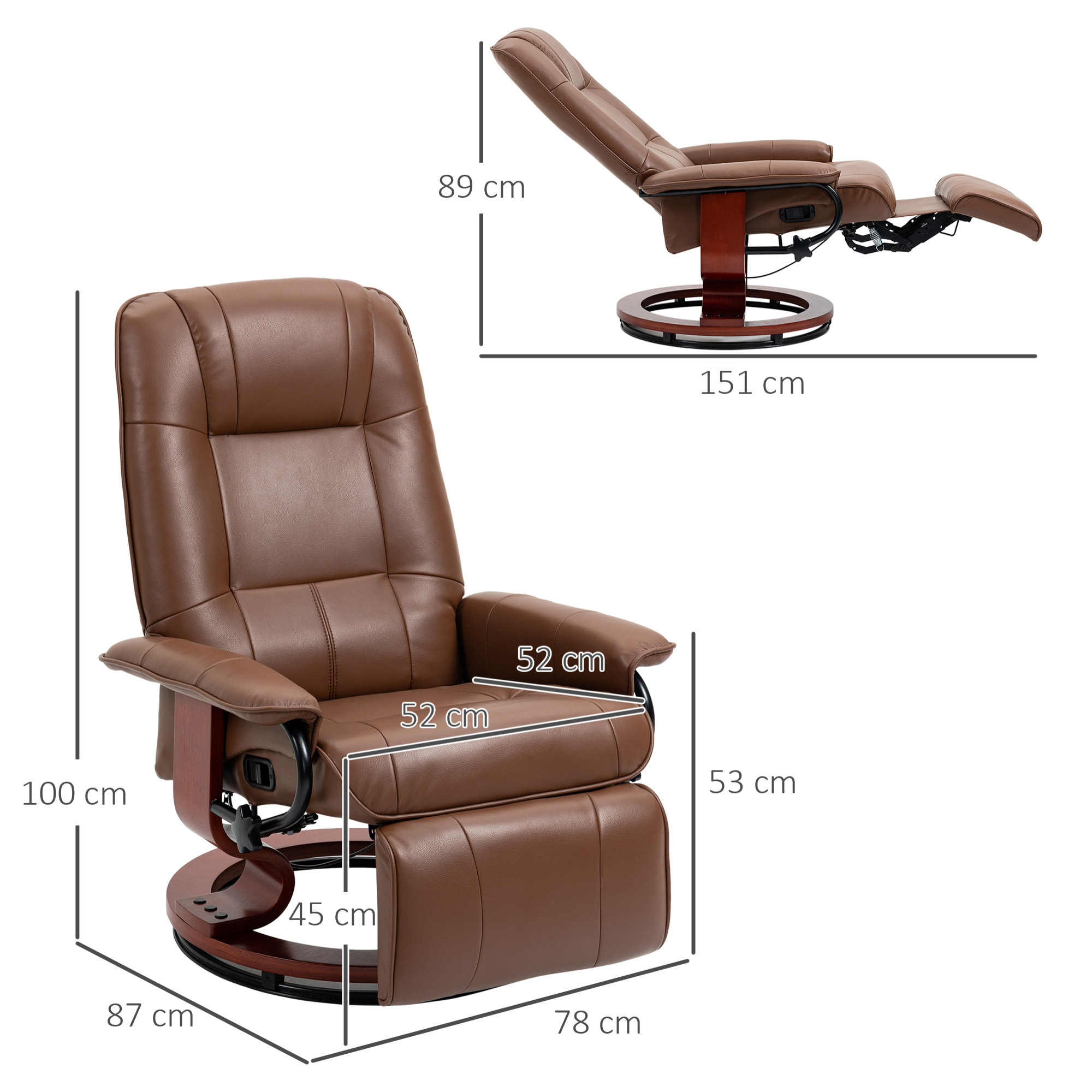 Fauteuil relax inclinable pivotant repose-pied réglable piètement bois revêtement synthétique marron